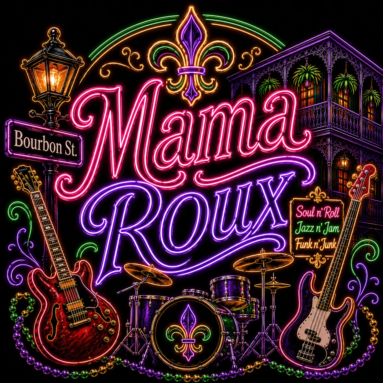 Mama Roux — neon sign with guitars, drums and a fleur-de-lis on Bourbon Street